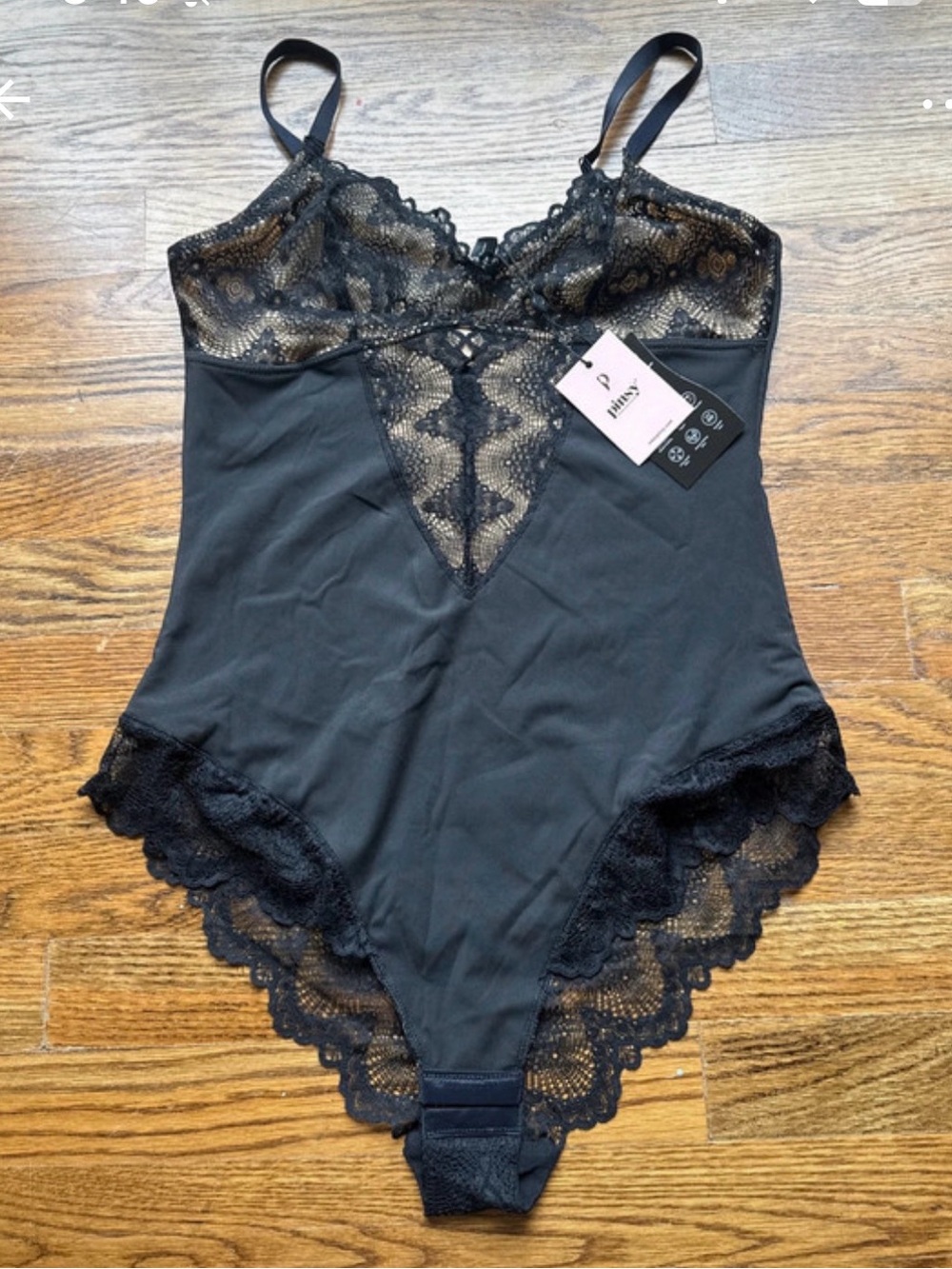 Black Lace-Trim Bodysuit with Sheer Lace Insets - Unbranded
